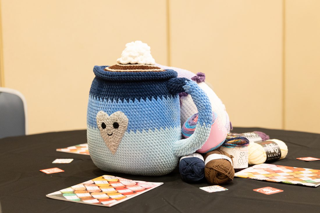 A handmade crochet owl basket, up close